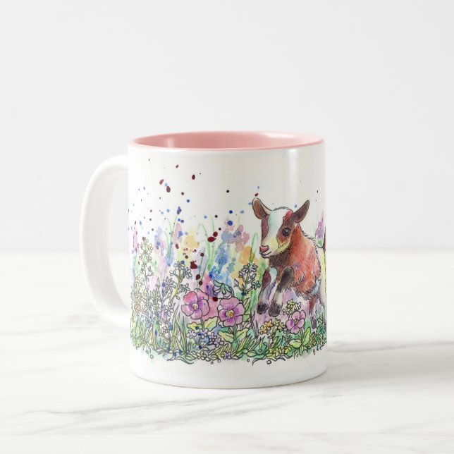 Baby Goat in Flower Field Two-Tone Coffee Mug (Front Left)