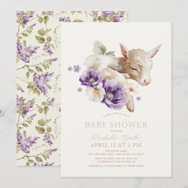 Baby Goat Purple Floral Baby Shower Invitation (Front/Back)