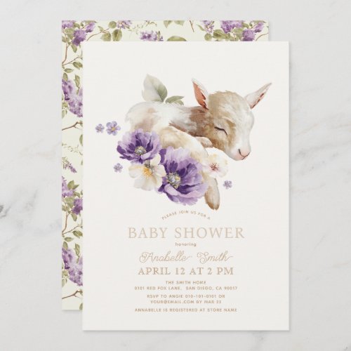 Baby Goat Purple Floral Baby Shower Invitation