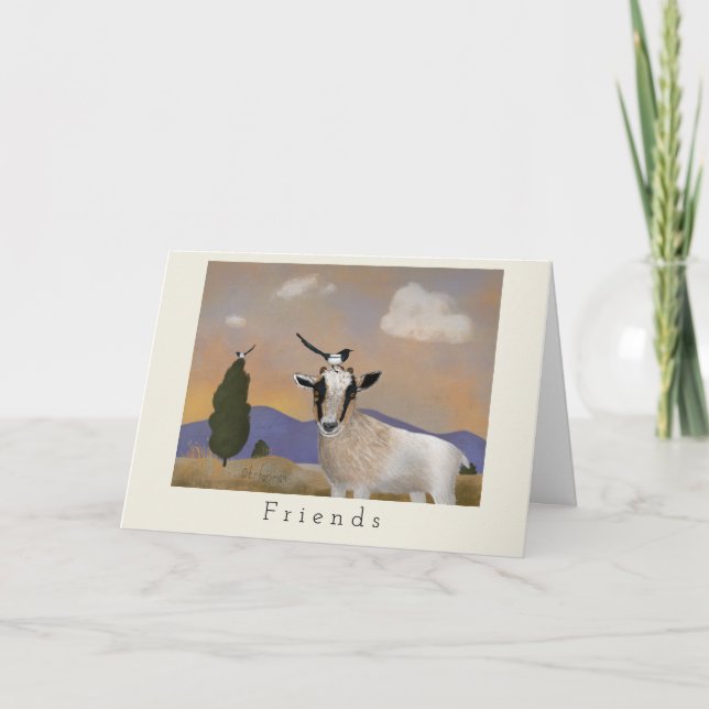 Baby goat with magpie friends card (Front)