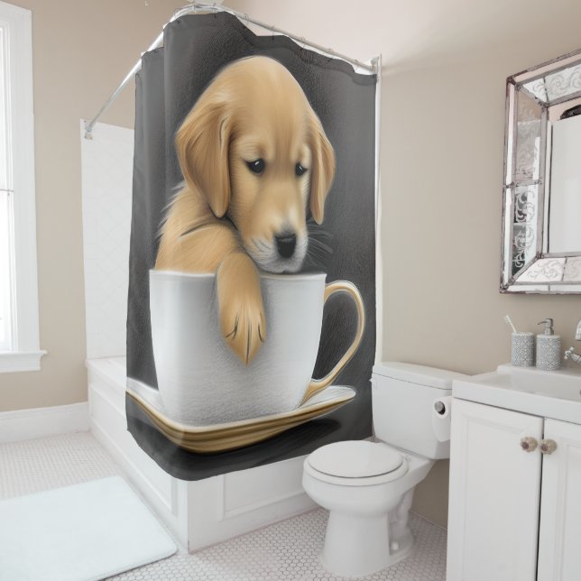 Baby Golden Retriever in a Tea Cup Graphic Shower Curtain (In Situ)