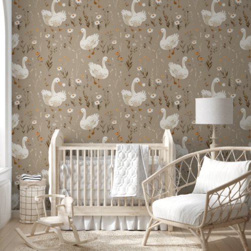 Baby Goose Taupe Nursery Wallpaper