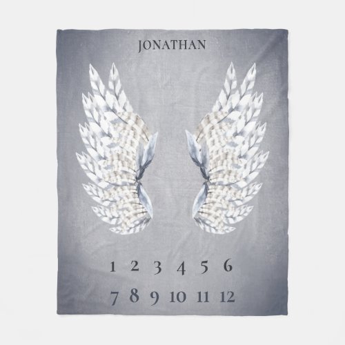 Baby Gray Blue Angel Wings Monthly Milestone Fleece Blanket