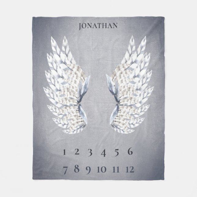 Baby Gray Blue Angel Wings Monthly Milestone Fleece Blanket (Front)