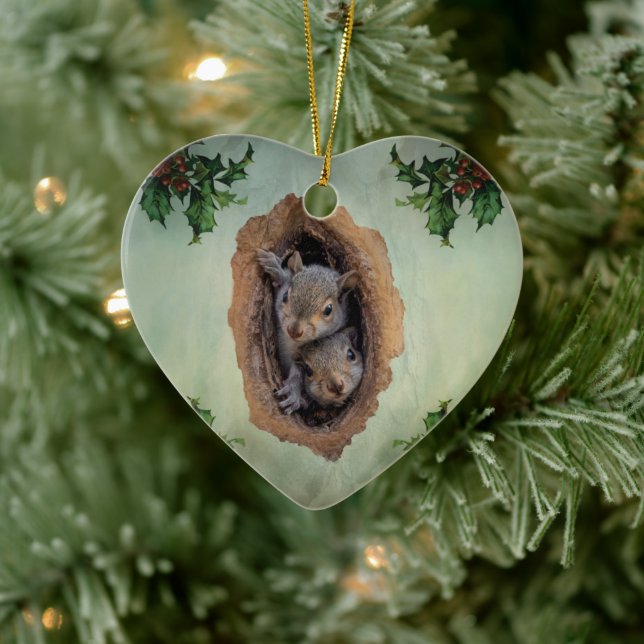 Baby Gray Squirrels Christmas Ceramic Ornament (Tree)