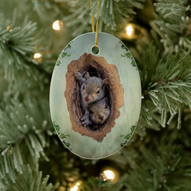 Baby Gray Squirrels Christmas Ceramic Ornament (Tree)