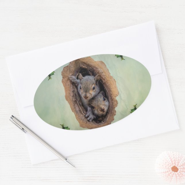 Baby Gray Squirrels Christmas Oval Sticker (Envelope)
