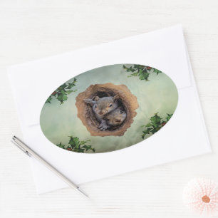 Baby Gray Squirrels Christmas Oval Sticker