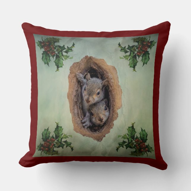 Baby Gray Squirrels Christmas Throw Pillow (Front)