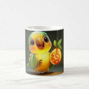 baby green and yellow parrot holding a luminous an coffee mug