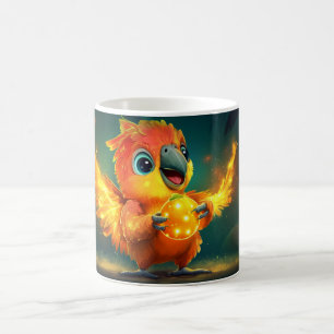 baby green and yellow parrot holding a luminous an coffee mug
