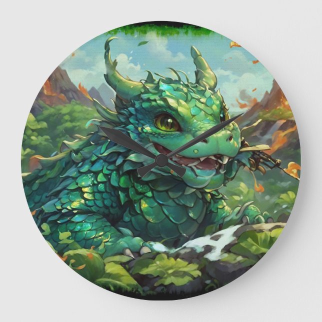 Baby Green Hawaiian Fire Dragon & Volcanoes Large Clock (Front)