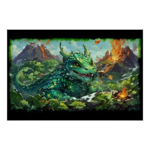 Baby Green Hawaiian Fire Dragon & Volcanoes Poster
