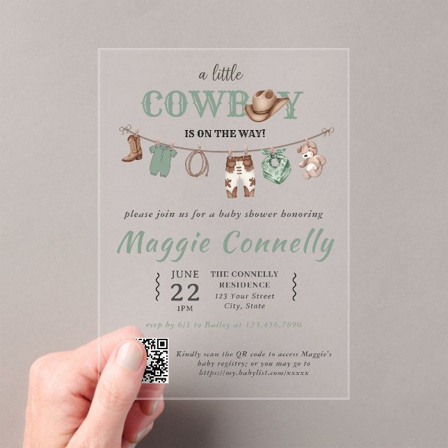 Baby Green Little Cowboy is on the Way Invitation (Insitu (Handheld))
