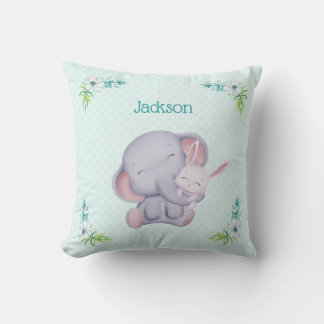 Baby Grey Elephant and Bunny Rabbit Throw Pillow