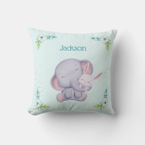 Baby Grey Elephant and Bunny Rabbit Throw Pillow