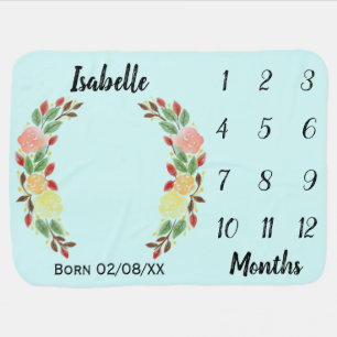 Baby Growth Milestone Months Floral Wreath Name Blanket