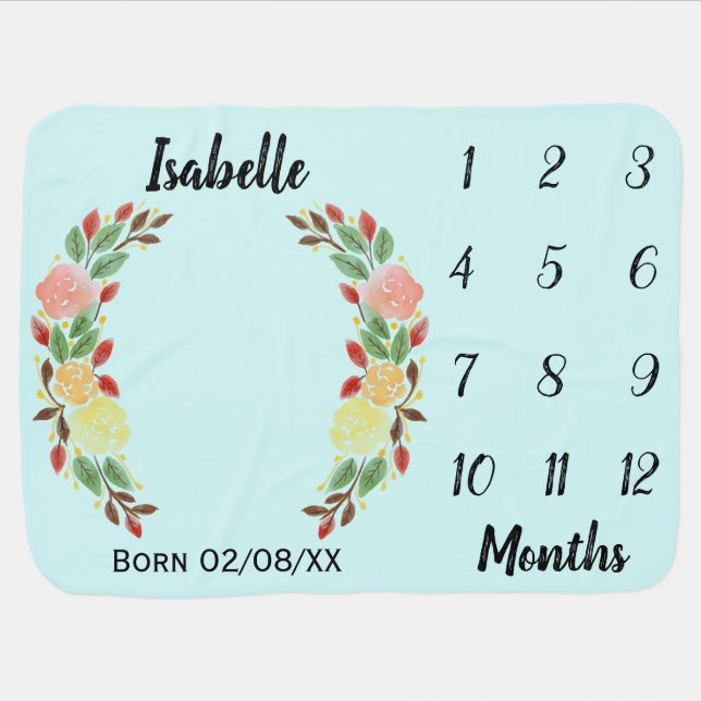 Baby Growth Milestone Months Floral Wreath Name Blanket (Horizontal)