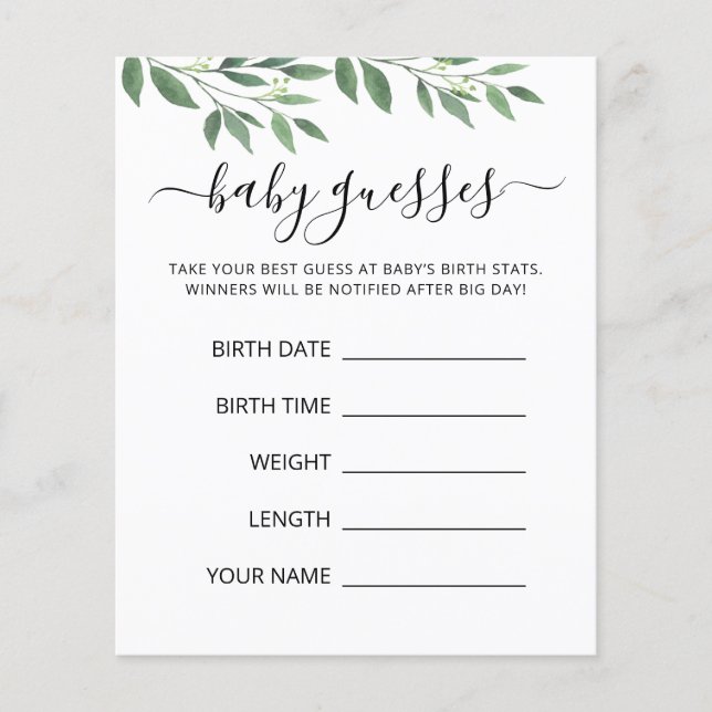 Baby Guesses Baby Prediction Baby Shower game card (Front)