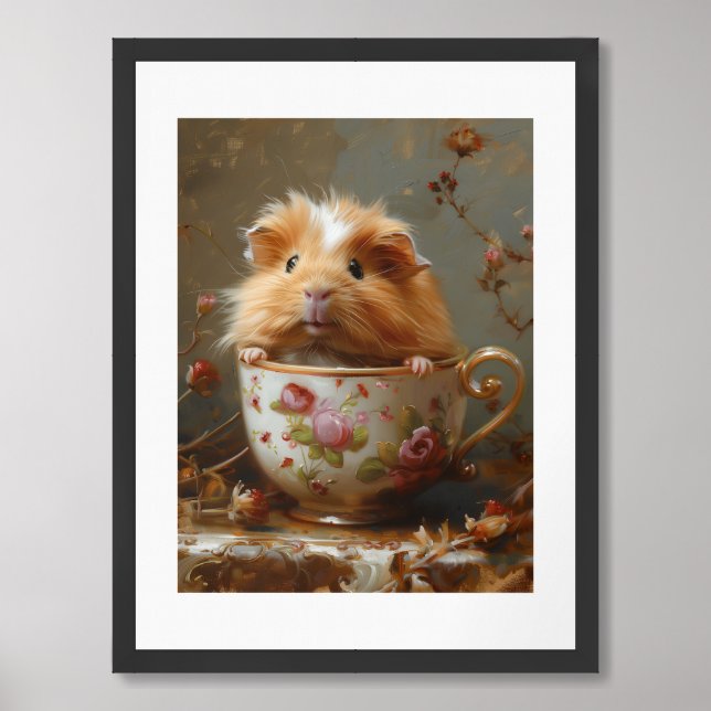 Baby Guinea Pig Painting in a Porcelain Teacup Framed Art (Framed Front)