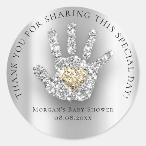 Baby Hand Shower Favor Thank Glitter Heart Silver Classic Round Sticker