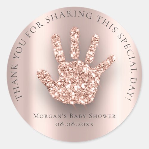 Baby Hand Shower Favor Thank Glitter Pink Rose Classic Round Sticker