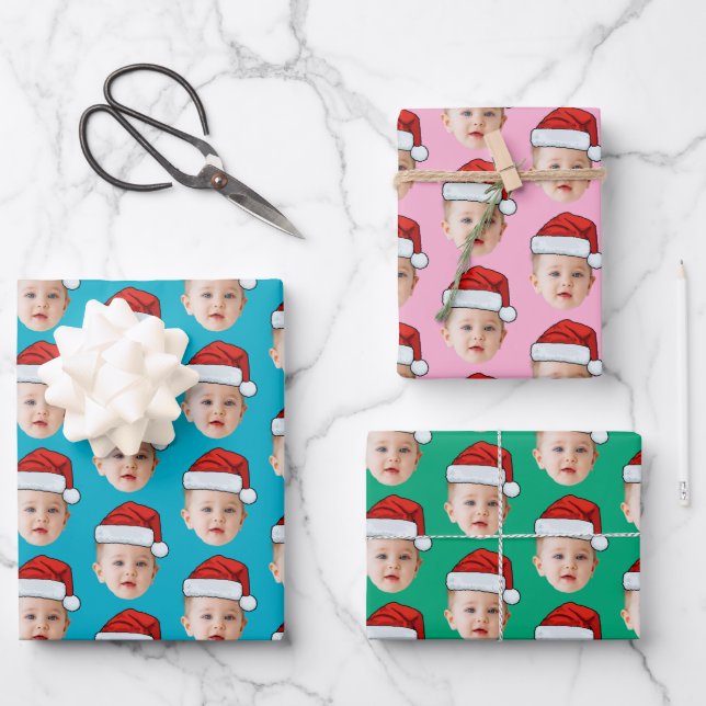 Baby Head Face Photo Santa Hat Xmas Blue Wrapping Paper Sheets (Front)