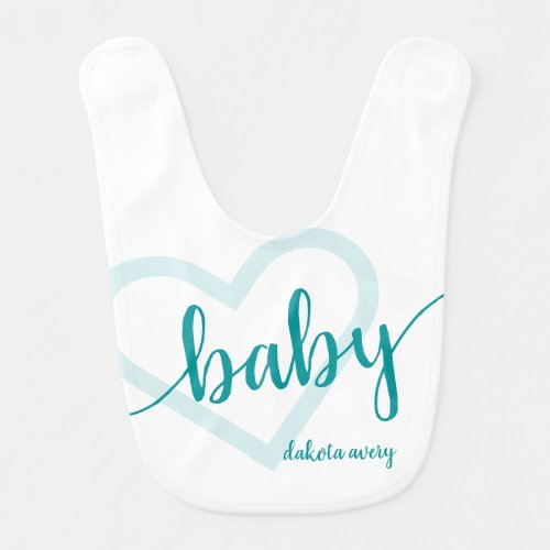 Baby Heart  Aqua Blue_Green Flourish Script Baby Bib