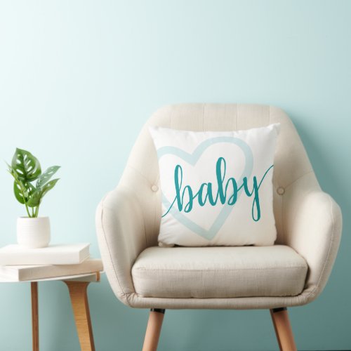 Baby Heart  Aqua Blue_Green Flourish Script Throw Pillow