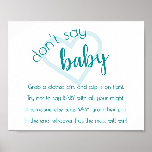 Baby Heart  Aqua Teal Dont Say Baby Shower Game Poster