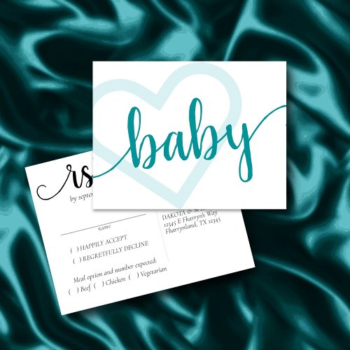 Baby Heart  Aqua Teal Flourish Script RSVP Meal Postcard