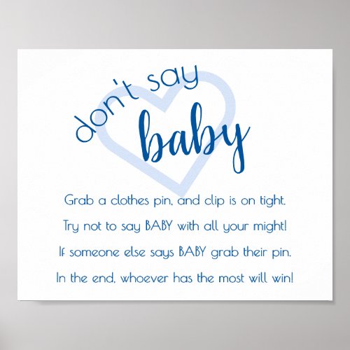 Baby Heart  Blue Dont Say Baby Shower Game Poster
