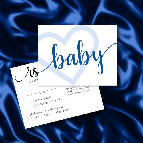 Baby Heart  Bright Blue Script Shower RSVP Entree Postcard