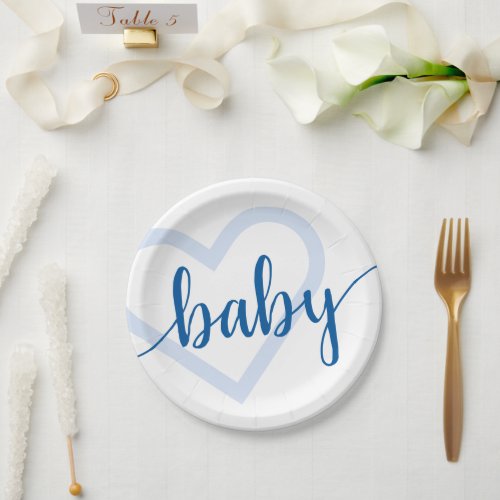 Baby Heart  Bright Classic Blue Script Flourish Paper Plates