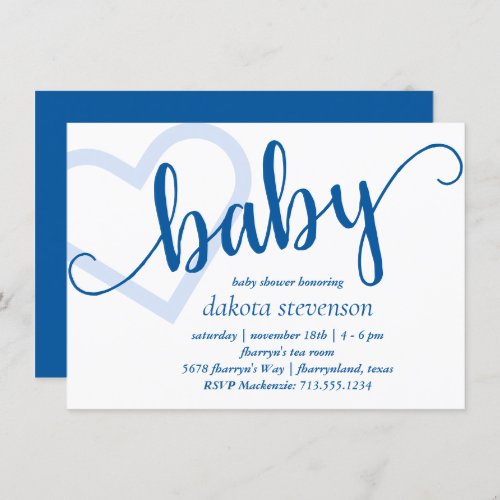Baby Heart  Bright Classic Blue Shower or Reveal Invitation