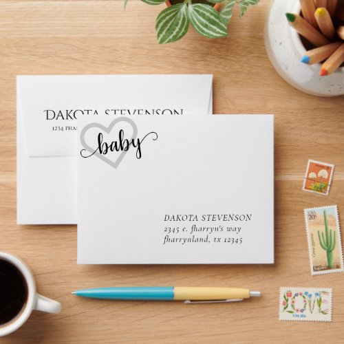 Baby Heart  Classic Black Script Return Address Envelope