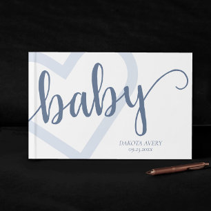 Baby Heart Dusty Slate Blue Flourish Script Guest Book