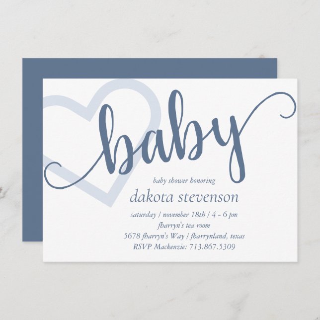 Baby Heart | Dusty Slate Blue Flourish Script Invitation (Front/Back)