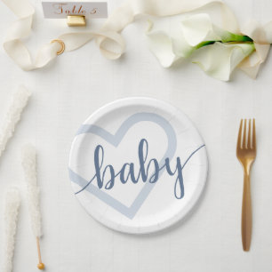 Baby Heart Dusty Slate Blue Flourish Script Paper Plates