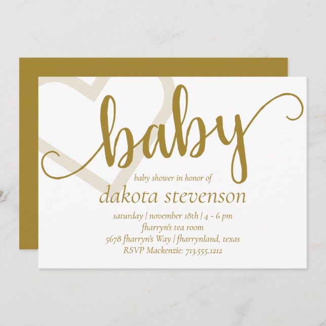 Baby Heart | Elegant Gold Script Shower or Reveal Invitation (Front/Back)