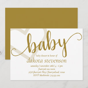 Baby Heart   Elegant Gold Script Shower or Reveal Invitation