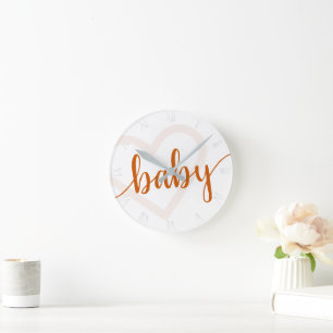 Baby Heart Fall Burnt Orange Flourish Script Round Clock