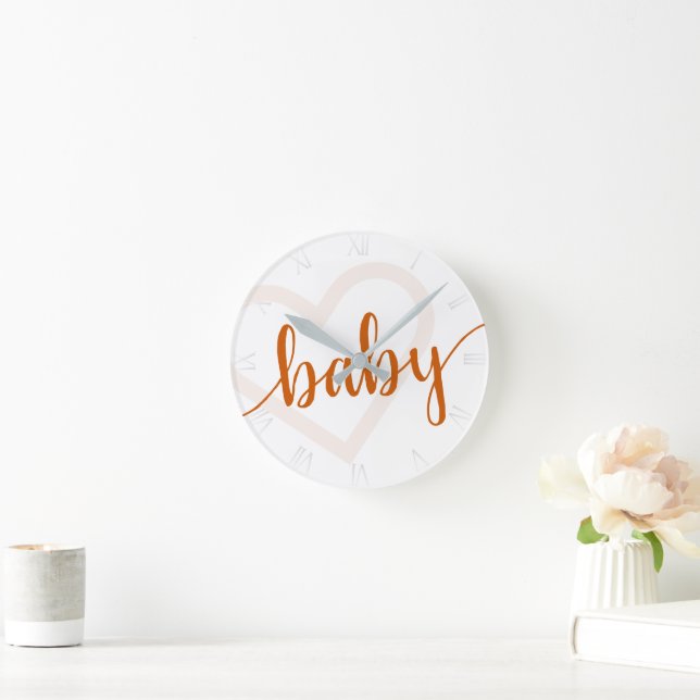 Baby Heart | Fall Burnt Orange Flourish Script Round Clock (Home)