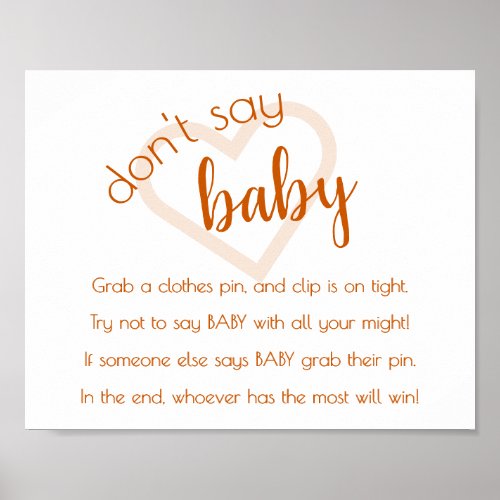 Baby Heart  Fall Orange Dont Say Baby Shower Game Poster