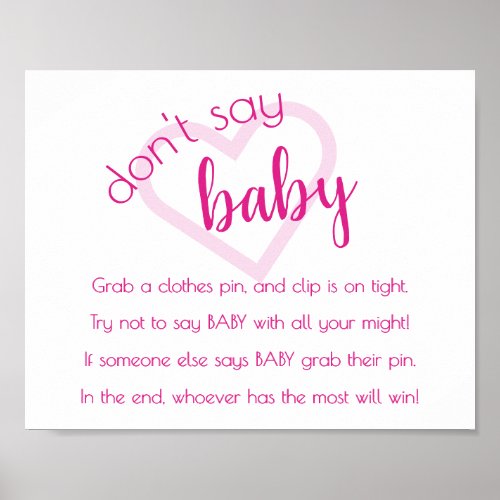 Baby Heart  Hot Pink Dont Say Baby Shower Game Poster