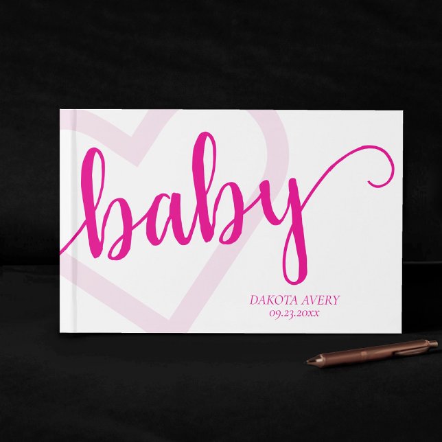 Baby Heart | Hot Pink Magenta Flourish Script Guest Book (Creator Uploaded)