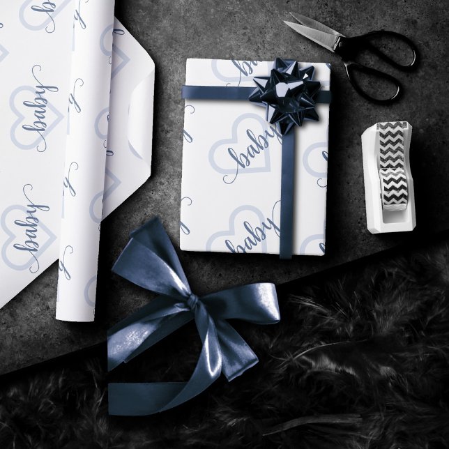 Baby Heart | Slate Dusty Blue Flourish Script Wrapping Paper (Creator Uploaded)