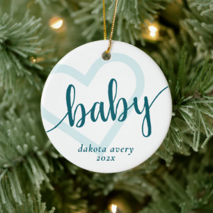 Baby Heart Teal Midnight Green Flourish Custom Ceramic Ornament