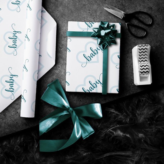 Baby Heart | Teal Midnight Green Flourish Script Wrapping Paper (Creator Uploaded)