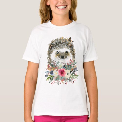 Baby Hedgehog Butterfly Rose Berry Feather Floral  T_Shirt